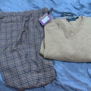 GMac Flax /navy golf trousers. 36reg. Ralph Lauren v neck wool sweater. Size xxl